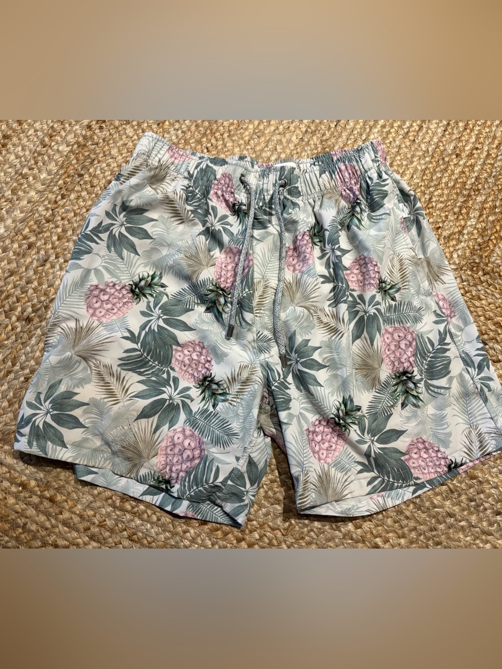 Vintage Summer Mens Swim Trunks Gray Green Pineapple Floral Sz Lg mesh lined